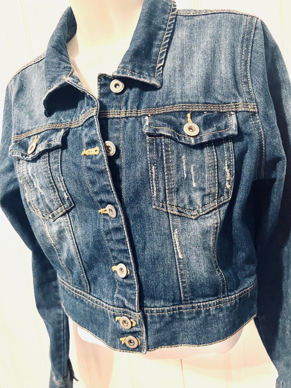 Highway Jeans-Jean Distressed Jacket-Large Jrs.-Blue-Stretch-School-Comfy-Button - Picture 6 of 14